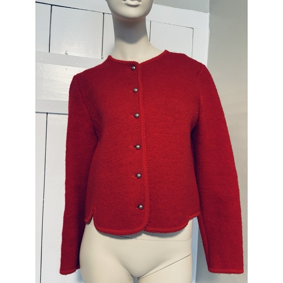 Vintage The Eagles Eye Size 10 Boiled Wool Red Cardigan Sweater Silver Buttons - Picture 2 of 14